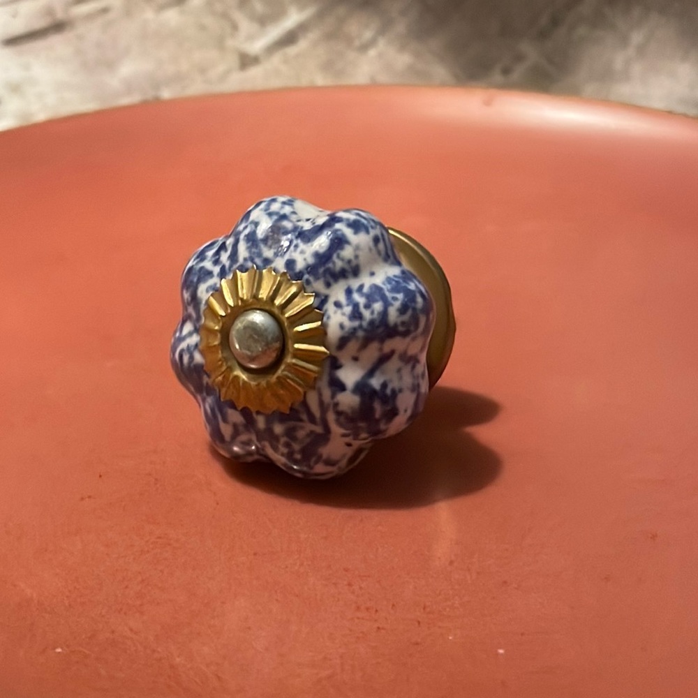 Blue & White Speckled Ceramic Cabinet Drawer Knob Pull (1)